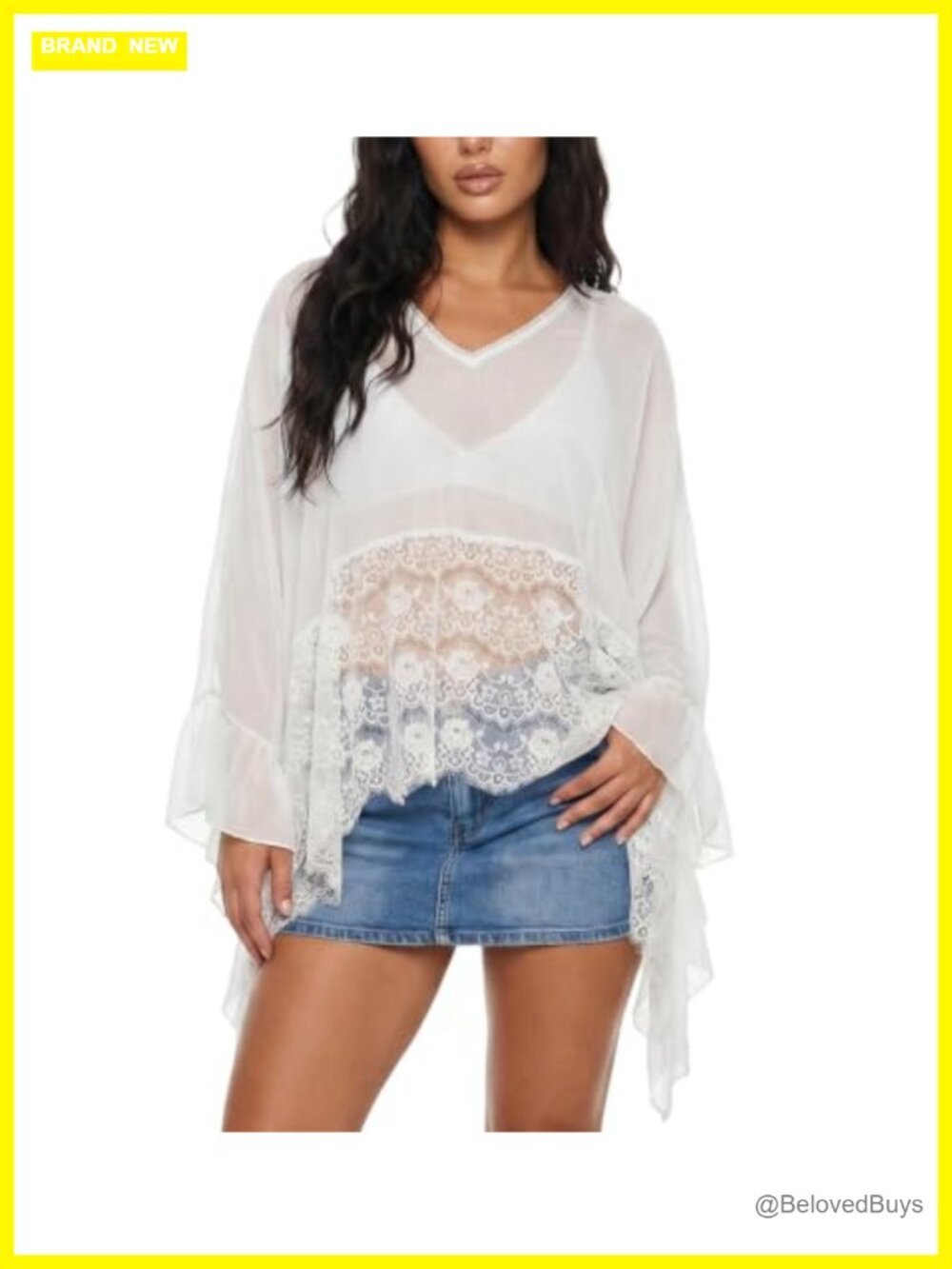 Sheer Lace Poncho Cover Up Oversized Batwing Sleeve Boho Beach Blouse
